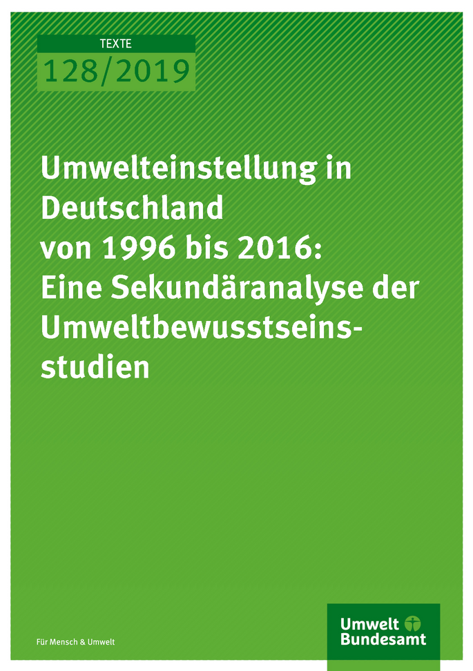 Cover der Publikation TEXTE 128/2019 Umwelteinstellung in Deutschland von 1996 bis 2016: Eine Sekundäranalyse der Umweltbewusstseinsstudien