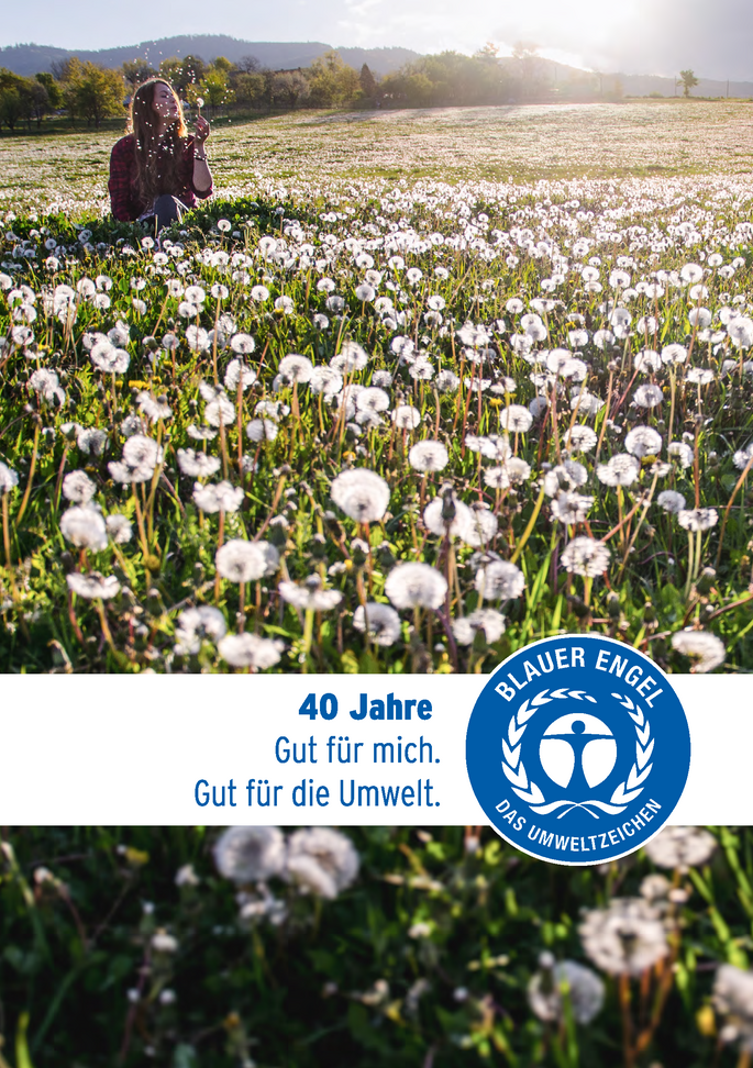 Cover der Broschüre Blauer Engel – 40 Jahre. Gut für mich. Gut für die Umwelt.