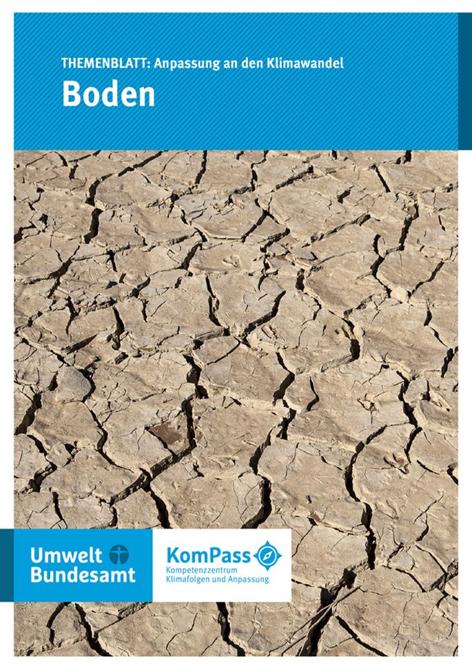 Cover von "Anpassung an den Klimawandel: Boden" mit einem Foto eines ausgetrockneten, rissigen Bodens