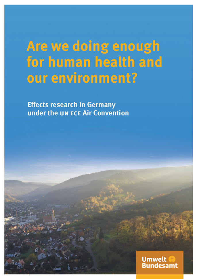 Cover of the brochure "Are we doing enough for human health and our environment?" with a photo of a city in a valley with misky weather