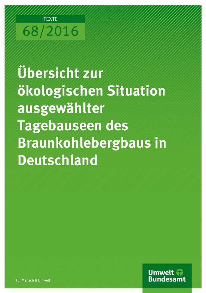 grüne Coverseite des Texte-Bandes 68/2016 "Übersicht zur ökologischen Situation ausgewählter Tagebauseen des Braunkohlebergbaus in Deutschland", unten das Logo des Umweltbundesamtes