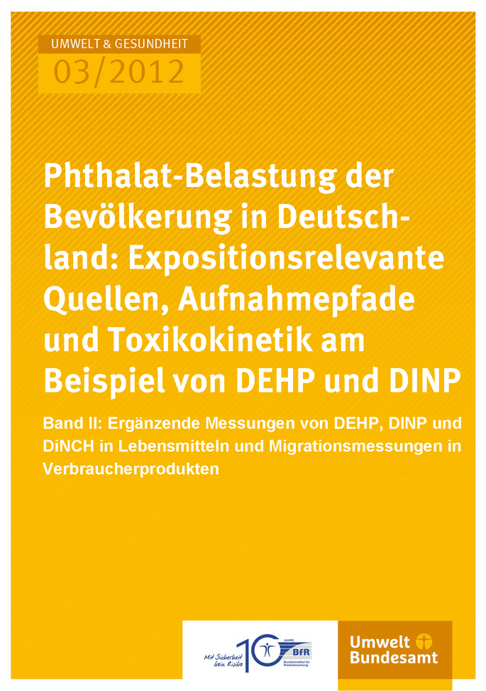 Publikation:Phthalat-Belastung der Bevölkerung in Deutschland: Expositionsrelevante Quellen, Aufnahmepfade und Toxikokinetik am Beispiel von DEHP und DINPBand II: Ergänzende Messungen von DEHP, DINP und DiNCH in Lebensmitteln und Migrationsmessungen
