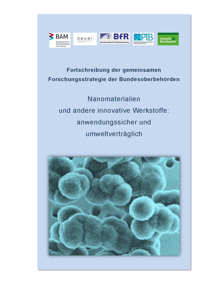 Cover der Publikation "Nanomaterialien und andere innovative Werkstoffe: anwendungssicher und umweltverträglich - Fortschreibung der gemeinsamen Forschungsstrategie der Bundesoberbehörden" mit einem Bild von vergrößertem Nanomaterial und den Logos der Herausgeber: BAM, BAuA, BfR, PTB, Umweltbundesamt