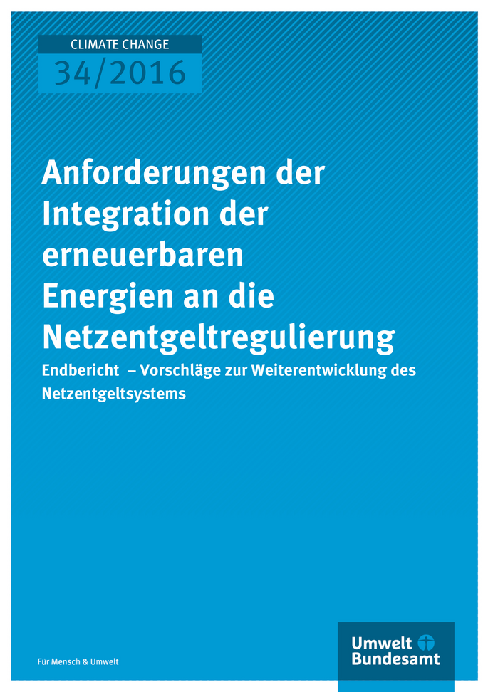 Cover der Publikation "Anforderungen der Integration der erneuerbaren Energien an die Netzentgeltregulierung" (weiße Schrift auf blauem Grund)