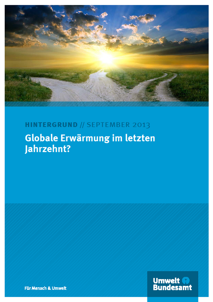 Titelbild des Hintergrundpapiers "Globale Erwärmung im letzten Jahrzent?" mit blauem Hintergrund und einem Sonnenaufgang über drei sich kreuzenden Wegen
