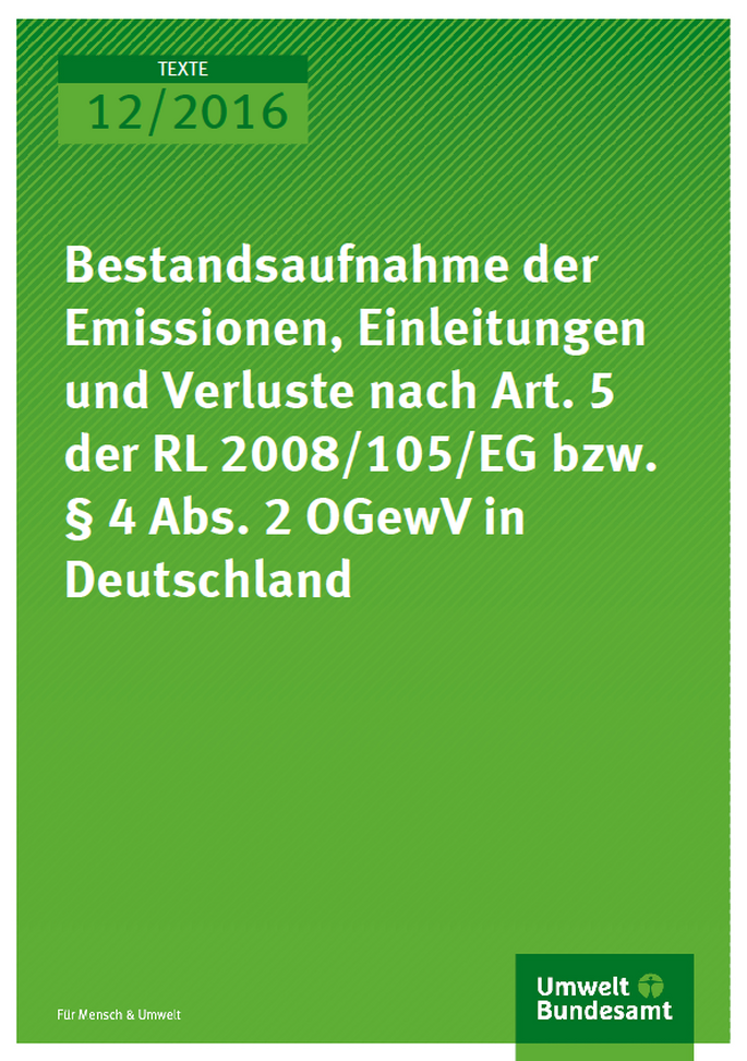 Cover Texte 12/2016 Bestandsaufnahme der Emissionen, Einleitungen und Verluste nach Art. 5 der RL 2008/105/EG bzw. § 4 Abs. 2 OGewV in Deutschland
