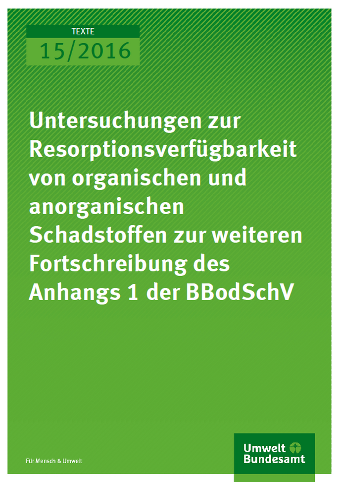 Cover Texte 15/2016 Untersuchungen zur Resorptionsverfügbarkeit von organischen und anorganischen Schadstoffen zur weiteren Fortschreibung des Anhangs 1 der BBodSchV