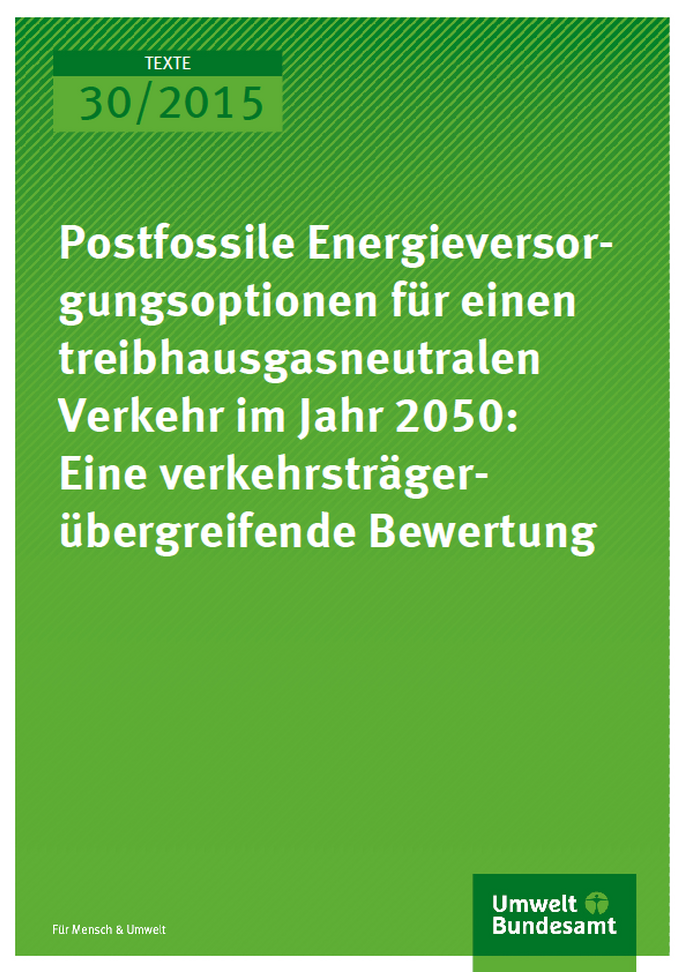 Cover Texte 30/2015 Postfossile Energieversorgungsoptionen für einen treibhausgasneutralen Verkehr im Jahr 2050: Eine verkehrsträgerübergreifende Bewertung