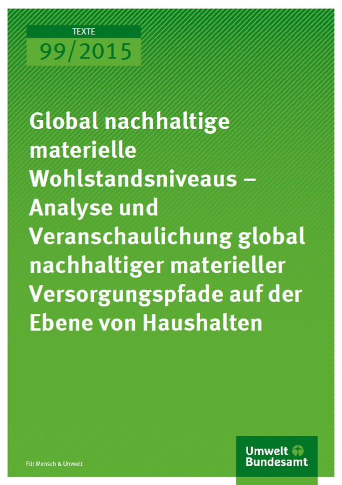 Cover Texte 99/2015 Global nachhaltige materielle Wohlstandsniveaus – Analyse und Veranschaulichung global nachhaltiger materieller Versorgungspfade auf der Ebene von Haushalten