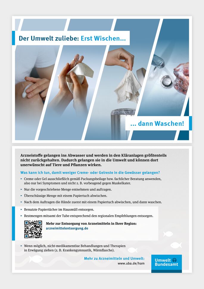 Vorderseite Fotoserie. 1. Hand die Creme auf einem Knie aufträgt, 2. Hände werden mit Papiertuch abgewischt, 3. Papiertuch wird in Mülleimer entsorgt, 4. Hände werden mit Seife gewaschen. Rückseite Texte.