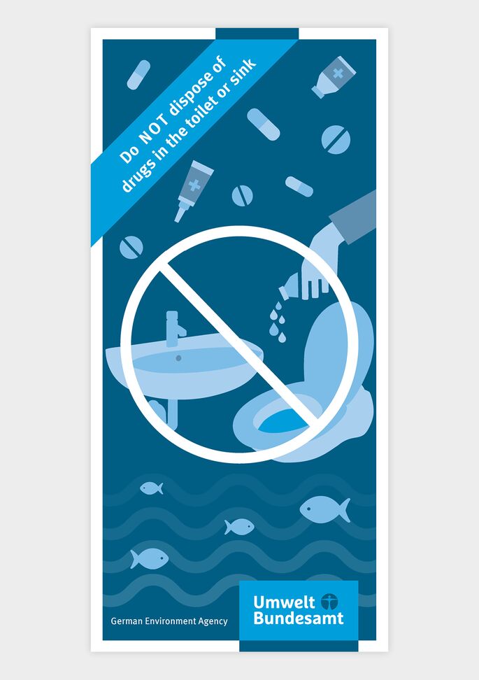 Cover Faltblatt Englisch, Arzneimittel NICHT in die Toilette und Spüle. Cover gezeichnete Illustration: Medikamente; mit Verbotsschild überlagerte Hand, die flüssige Arzneimittel in Toilette und Waschbecken schüttet; Wasser; Fische; Logo Umweltbundesamt