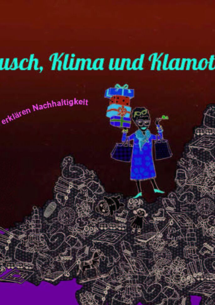 Zwei Kinder spielen mit Spielzeugautos. Eine Dame steht dahinter auf einem Berg voller Spielzeug mit weiteren Geschenken in der Hand.