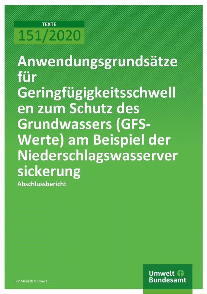 Cover_TEXTE_151-2020_Anwendungsgrundsätze für Geringfügigkeitsschwellen zum Schutz des Grundwassers (GFS-Werte) am Beispiel der Niederschlagswasserversickerung