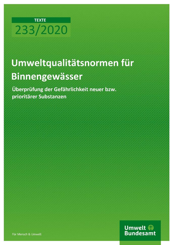 Cover der Publikation TEXTE 233/2020 Umweltqualitätstnormen für Binnengewässer: Überprüfung der Gefährlichkeit neuer bzw. prioritärer Substanzen 
