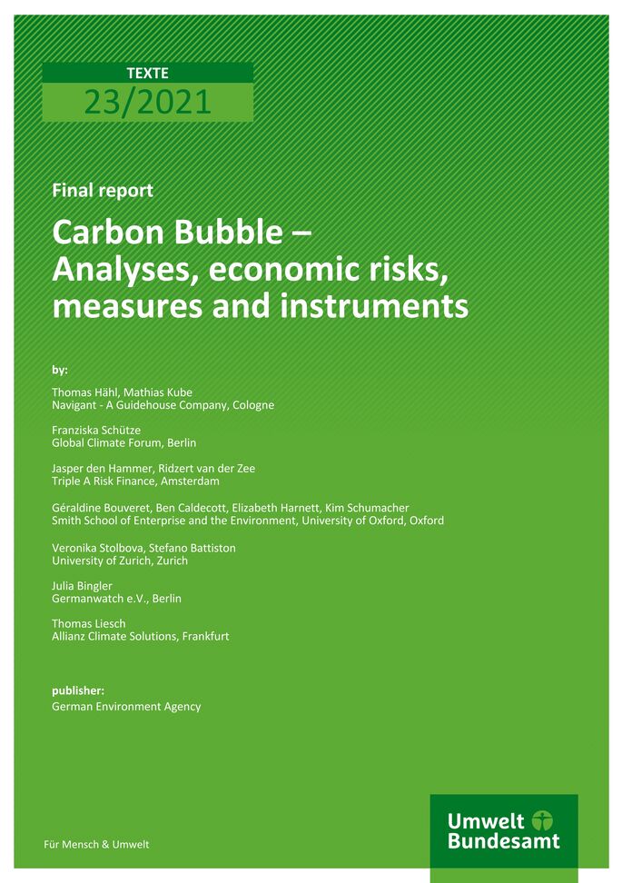 Cover of publication TEXTE 23/2021 Carbon Bubble – Analyses, economic risks, measures and instruments