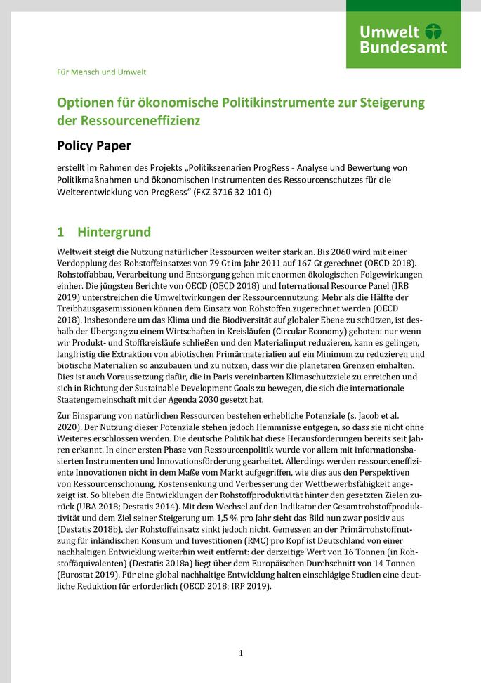 Titelseite des Policy Papers "Optionen für ökonomische Politikinstrumente zur Steigerung"