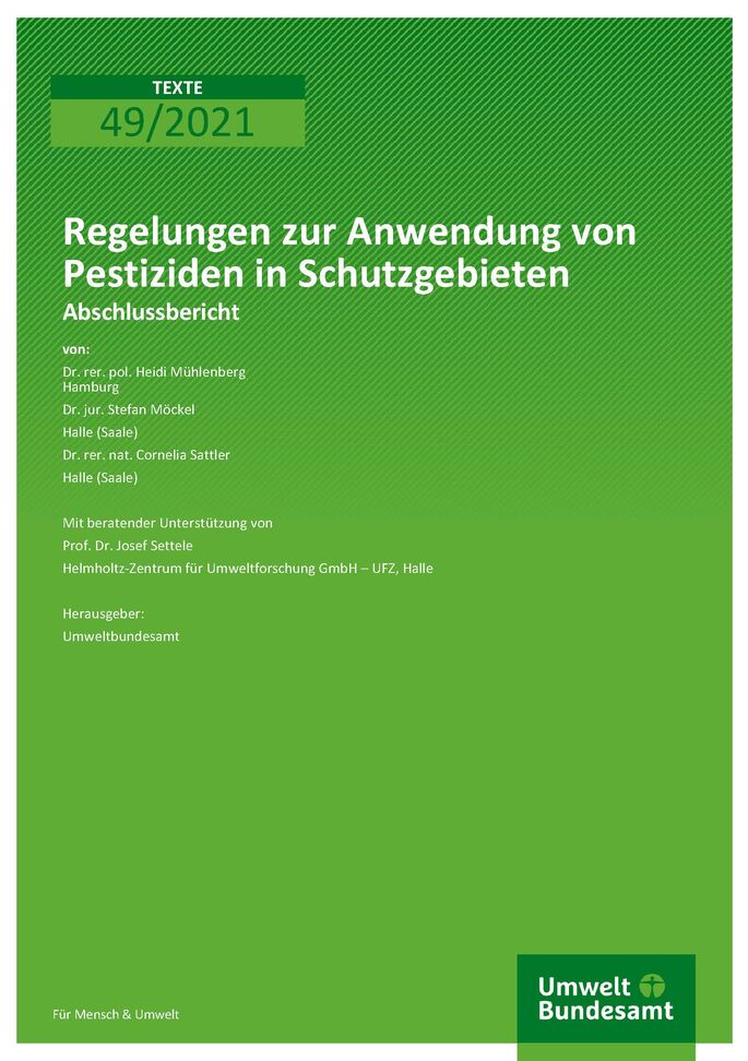Titelseite der Publikation TEXTE 49/2021 Regelungen zur Anwendung von Pestiziden in Schutzgebieten