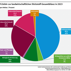 Ein Kreisdiagramm zeigt für das Jahr 2023 die Stickstoff-Zufuhren in Kilogramm pro Hektar. Die größten Posten sind N-Düngemittel mit 64,2 (45 % Anteil) und Futtermittel (Inland) mit 35,0 (24 % Anteil)