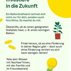 Infografik zu Balkonkraftwerken mit motivierenden Inhalten, mit einer eigenen Solaranlage in die Zukunft zu investieren, da es sich für sich selbst und das Klima lohnt