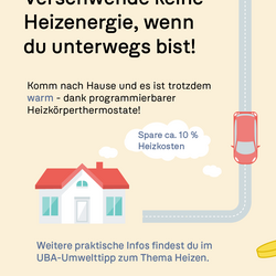 Slogan: Verschwende keine Heizenergie, wenn du unterwegs bist! Zeigt Auto auf Straße und Haus. Spart ca. 10 % Heizkosten dank programmierbarer Thermostate. UBA-Logo.