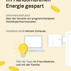 Slogan: Im Handumdrehen Energie gespart. Ruft zu Information, Installation programmierbarer Thermostate & Teilen der Tipps auf. Glühbirne & Laptop. UBA-Logo.