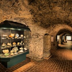 Glasvitrine mit verschiedenen Mineralien in einem Gewölberaum