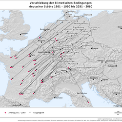 Zu sehen sind die beschriebenen Klimaanalogien der deutschen Städte in einer Europakarte für den Zeitraum 2031-2060