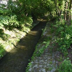 Auf dem Bild ist ein Bach in einem Betonbett dargestellt
