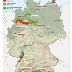 Dargestellt werden Gebiete mit Schieferöl und Schiefergaspotenzial mit Angabe des jeweiligen Tongesteinsformation
