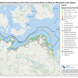 Abbildung 2: Entwicklung der Winterdurchschnittswerte (Zeitraum November bis Februar) für Küsten- und Meeresgewässer der Ostsee pro Messstelle zwischen dem vorherigen Berichtszeitraum (November 2011 bis Februar 2014) und dem aktuellen Berichtszeitraum (November 2014 bis Februar 2018)
