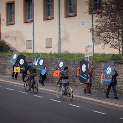 Teilnehmende tragen EMW-Maskottchen Edgar durch Würzburg