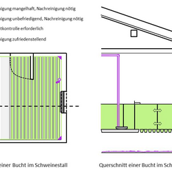 Schematische Abbildung eines Schweinestalls (Aufsicht bzw. Querschnitt), dem Bewertungsschema des Protein-Tests entsprechend eingefärbt