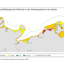 Die Karte zeigt den ökologischen Zustand der Küstengewässer der Ostsee 2021. Dieser wurde zu gleichen Teilen mit „mäßig“ bis „unbefriedigend“ und „schlecht“ bewertet. Kein Wasserkörper erreicht den „guten Zustand“.