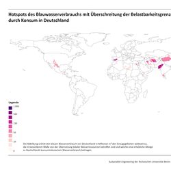 Statische Karte: Vom gesamten konsuminduzierten blauen Wasserverbrauch von Deutschland von 22.119 Millionen m³ sind mit 2.037 Millionen m³ ca. 9,7 % nicht nachhaltig. Dies ist vor allem im Mittleren Osten und Spanien sowie in Asien der Fall, hier vor allem in China und Indien, aber auch in Nordafrika, in den USA in der Mississippi-Region und in Kalifornien, in der Türkei, in Mexiko und Griechenland.