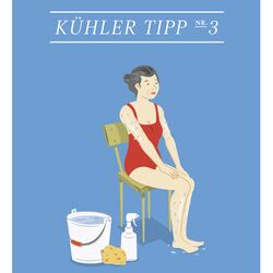 Grafik einer Dame die auf einem Stuhl sitzt und sich mit Schwamm und Sprühflasche die Haut befeuchtet