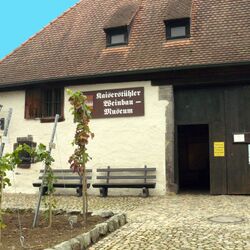 Auf dem Foto ist das Alte Gebäude des Museums zu sehen mit Weinreben und Sitzbänken.