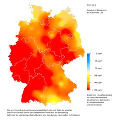 Deutschlandkarte, eingefärbte Flächen geben die Ozonkontentration im Mikrogramm pro Kubikmeter Luft an. Diese lag flächendeckend bei über 108, in großen Teilen von West- und Mitteldeutschland bei über 180.
