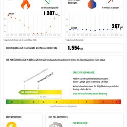 Gesamte Darstellung der Heizinformation während der Heizperiode auf einer A4-Seite, bestehend aus: Diagramm zum Heizenergieverbrauch der letzten 13 Monate.Diagramm für den Energieverbrauch Warmwasser. Vergleich mit Verbräuchen der Haushalte im Haus sowie mit vergleichbaren Gebäudeeffizienzklassen. Monatlicher Energiespartipp. Link zur Verbraucherzentrale für individuelle Beratungen. Heizkostenschätzung für den Monat und des zurückliegenden Jahres. CO2-Emissionen dieses Monats für Heizung und Warmwasser.