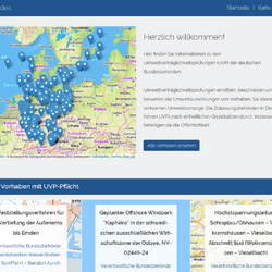 Startseite des UVP-Portals des Bundes mit einer Karte, auf der Pinnnadeln die Standorte aktueller Vorhaben anzeigen