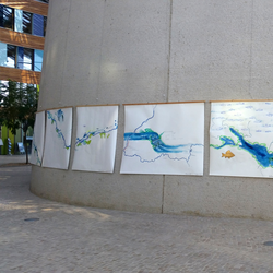 im Vorraum des Umweltbundesamtes Dessau hängen große weiße Bilder nebeneinander, auf denen ein Flusslauf gemalt ist