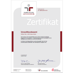 Zertifikat "Audit Beruf und Familie" für das Umweltbundesamt, ausgestellt 2024 von der berufundfamilie Service GmbH.