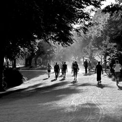 Schwarz-weiß-Aufnahme eines Parks, in dem viele Menschen joggen, spazierengehen oder auf einer Bank sitzen.