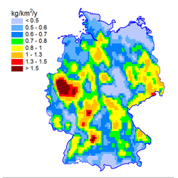 Die Karte zeigt: die Blei-Gesamtdepositionen in Deutschland lagen in 2017 größtenteils im Bereich von 0,6 – 1,5 kg Pb/km².