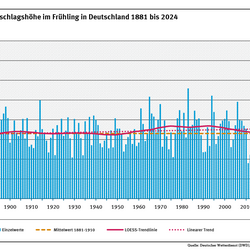 Ein Diagramm zeigt die jährlichen Niederschlagshöhen in Deutschland im Frühling für den Zeitraum 1881 bis 2024 sowie den leicht steigenden linearen Trend.