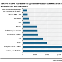 Diagramm: Die ersten 8 Sektoren mit den höchsten Beiträgen blauen Wassers zum Wasserfußabdruck von Deutschland gehören zur Landwirtschaft. Zur überwiegend im Ausland stattfindenden Bewässerung wurden für Gemüse, Früchte und Nüsse 5.960 Millionen m³ Wasser eingesetzt, für Nutzpflanzen 4.909 Millionen m³, für Weizen 1.980 Millionen m³ und für die Viehhaltung noch 353 Millionen m³.