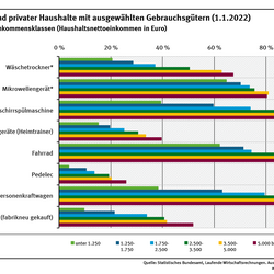 Das Diagramm zeigt den Ausstattungsgrad privater Haushalte mit Fahrzeugen und weißer Ware unterteilt nach Einkommensklassen. In fast allen Fällen gilt: Haushalte mit höherem Nettoeinkommen haben eine höhere Ausstattung.