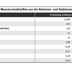 Die Tabelle zeigt die TOP 10 der Wasserschadstoffemissionen, die im Jahr 2023 von PRTR-Betrieben der Roheisen- und Stahlerzeugung berichtet wurden.