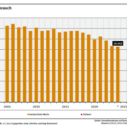Ein Diagramm stellt den Primärenergieverbrauch (PEV) zwischen 1990 und 2024 sowie den Zielwert für das Jahr 2030 dar. Bis zum Jahr 2008 schwankte der Wert um 14.500 Petajoule, seitdem ist er jedoch deutlich gesunken.