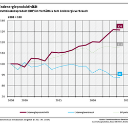 Ein Diagramm zeigt die Endenergieproduktivität von 2008 bis 2024. Sie ist seit 2008 um 31 % gestiegen. Es werden außerdem der Endenergieverbrauch und das Bruttoinlandsprodukt für diesen Zeitraum dargestellt. 