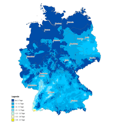Die Karte zeigt die Anzahl Heißer Tage in Deutschland im Jahr 2011. Maximal gab es in diesem Jahr 22 Heiße Tage in Deutschland.